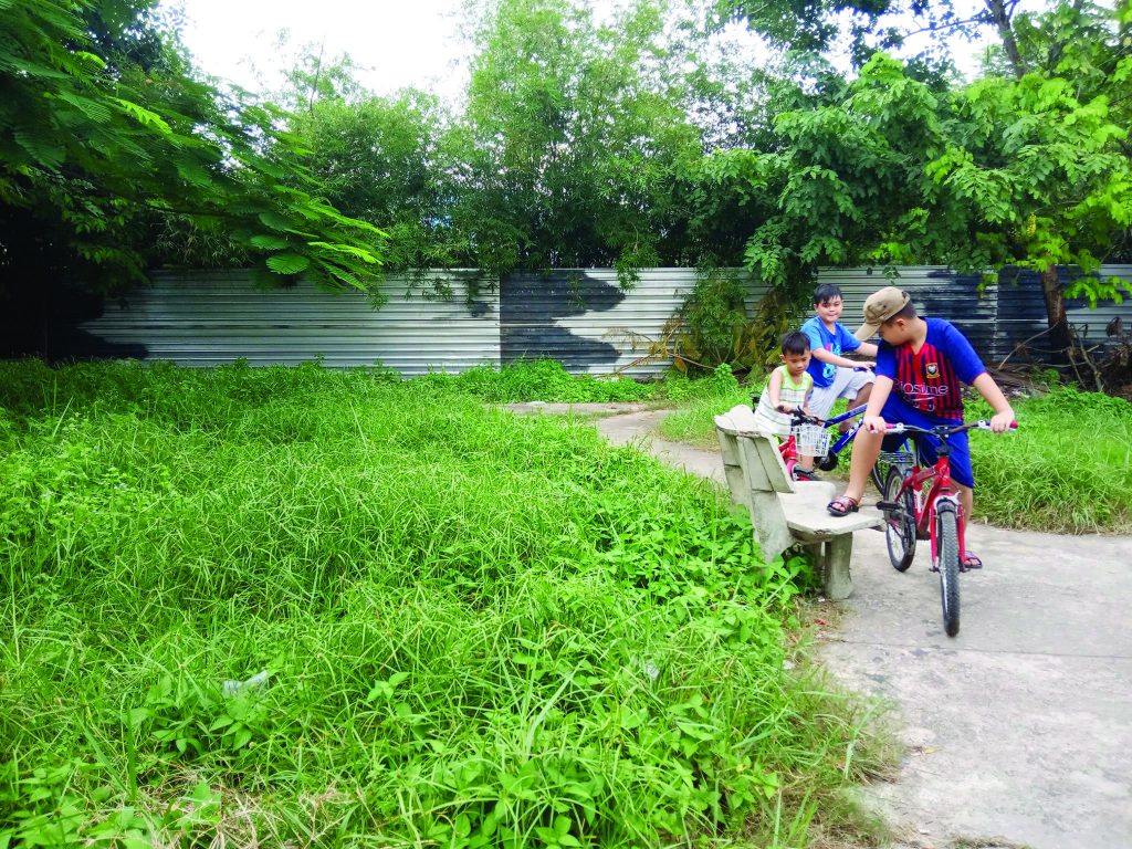 Ba đứa trẻ chơi xe đạp trên lối đi nhỏ giữa bãi cỏ xanh và hàng cây rậm