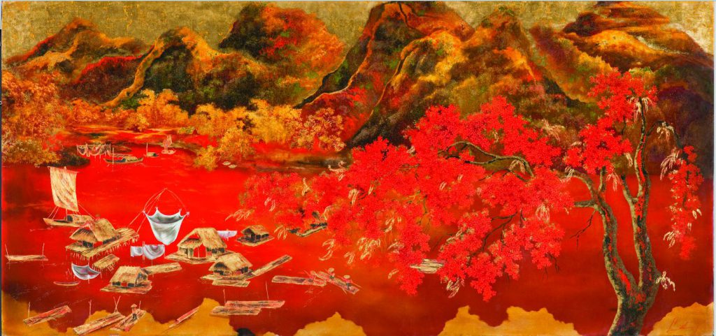 Vivid red-toned painting of boats on a river with mountains in the background and a large flowering tree in the foreground