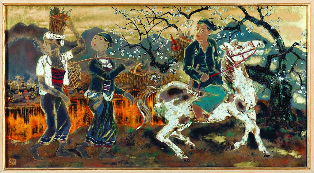 Vietnamese folk-style painting of women carrying baskets and a rider on a spotted horse beneath blossoming branches