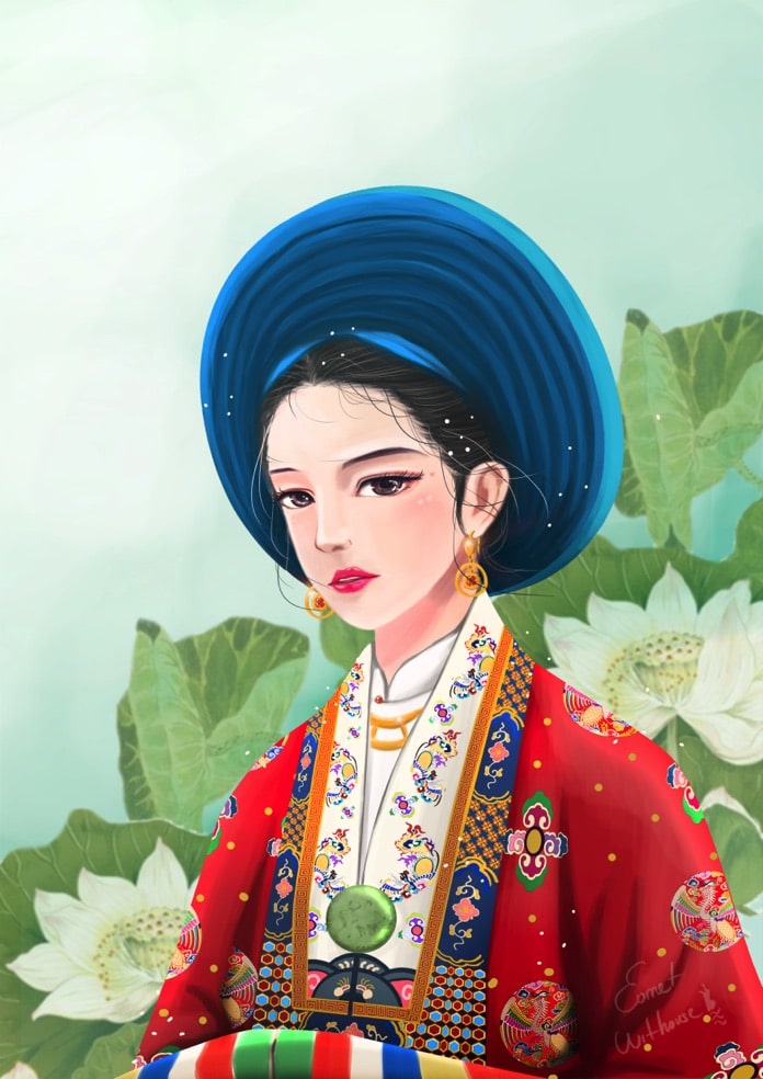 Illustration of a Nguyen Dynasty princess in a red royal robe and blue headpiece against a lotus background.
