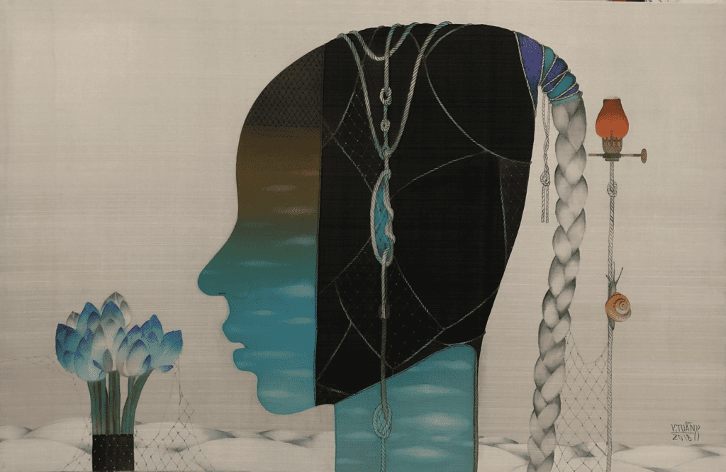 A woman’s profile contains flowers braids and a small lit lantern