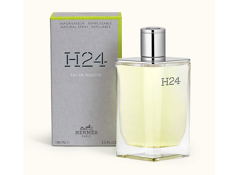 Chai nước hoa nam Hermes H24 Eau de Toilette với thiết kế tối giản cùng hộp đựng màu xám