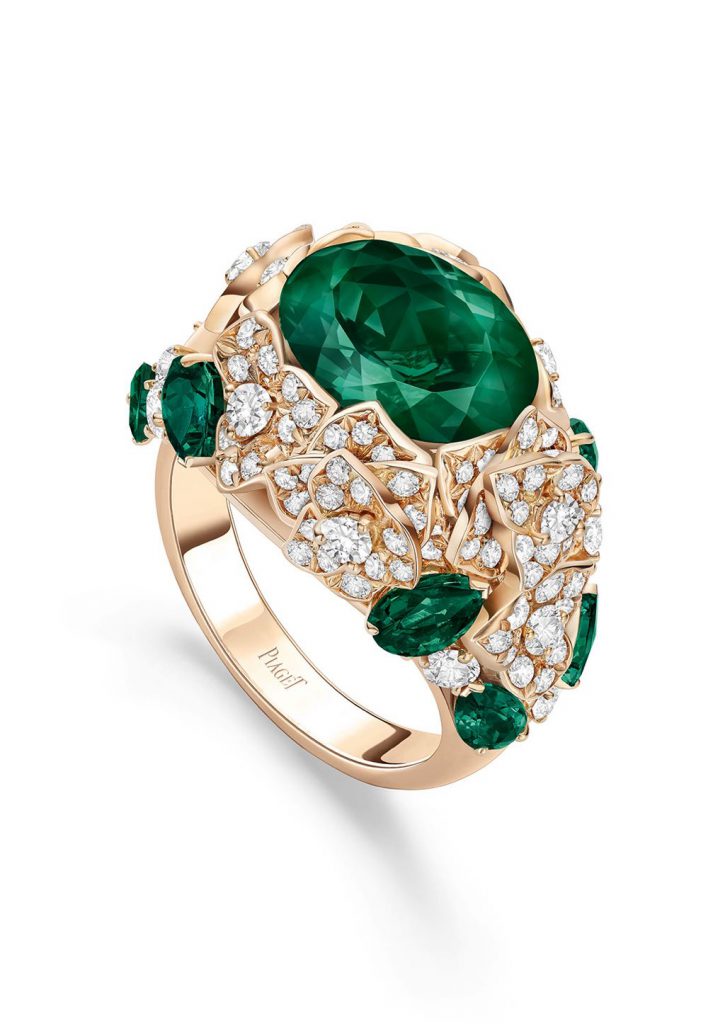 Chiếc nhẫn Piaget Rose Bouquet chế tác từ vàng hồng đính đá Tourmaline xanh lục và kim cương tinh xảo