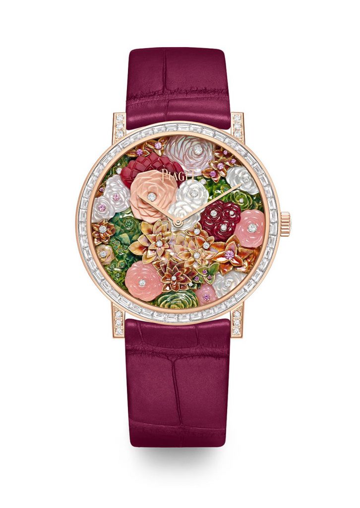 Tuyệt tác đồng hồ Piaget Altiplano mặt số khảm xà cừ hình hoa hồng kết hợp cùng dây đeo màu tím quý phái