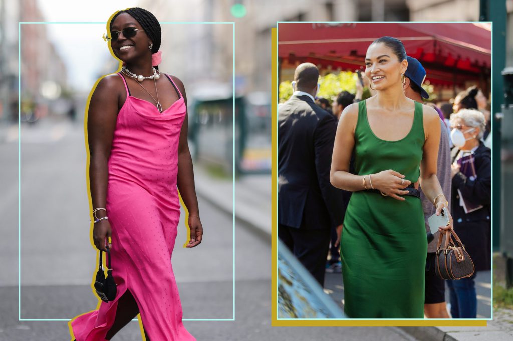 Hai cô gái mặc váy lụa slip dress dạo phố với phong cách thời trang năng động trẻ trung