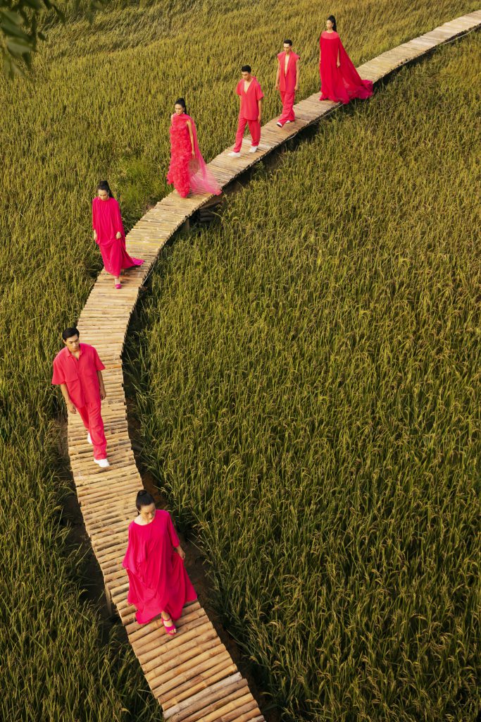 Người mẫu trình diễn thời trang trên sàn catwalk gỗ giữa cánh đồng lúa xanh mướt