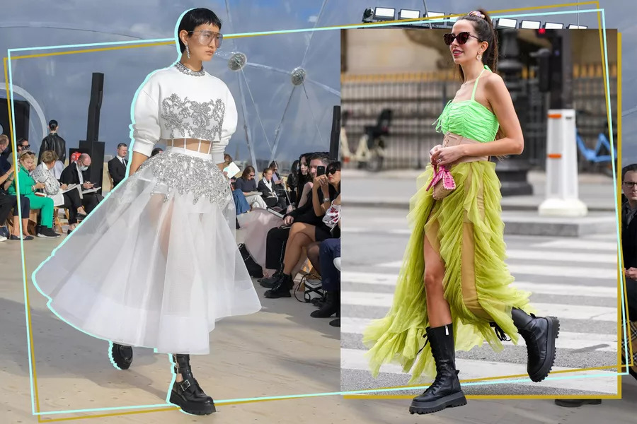 Người mẫu trình diễn chân váy tulle bồng bềnh cùng áo crop top và boots da