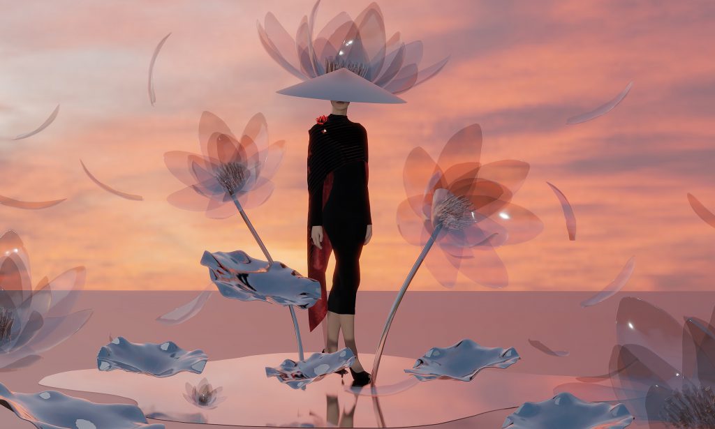 Người mẫu mặc trang phục đen đội mũ hình hoa sen trắng giữa không gian ảo ảnh