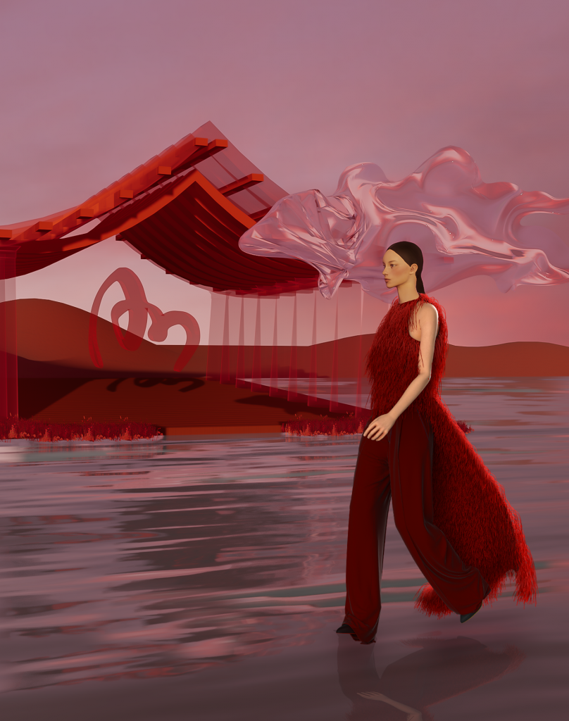 Người mẫu mặc trang phục đỏ nổi bật trong không gian kiến trúc ảo màu hồng