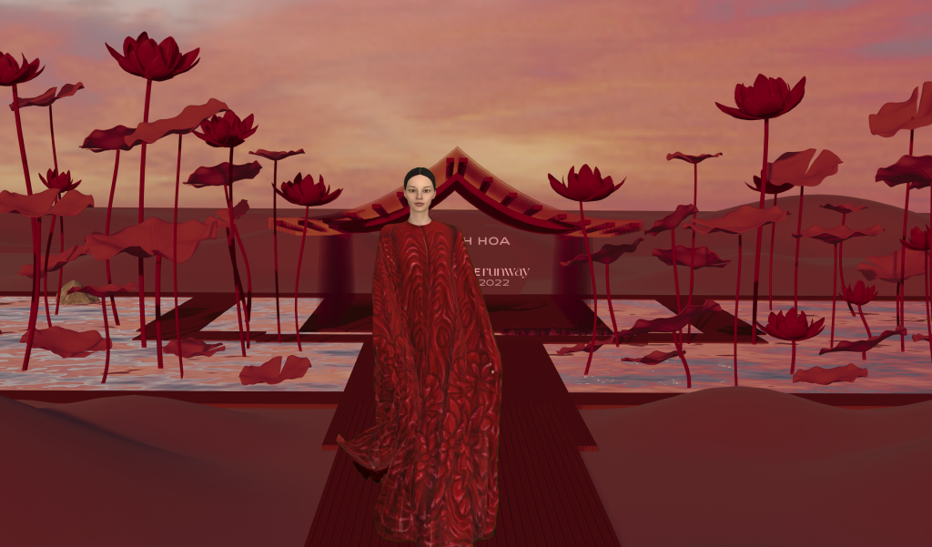 Người mẫu mặc trang phục đỏ nổi bật giữa không gian ảo với hoa sen và kiến trúc mái đình
