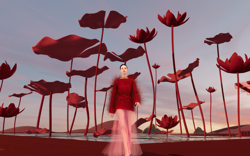 Người mẫu diện trang phục đỏ nổi bật giữa không gian hoa sen ảo dịu dàng