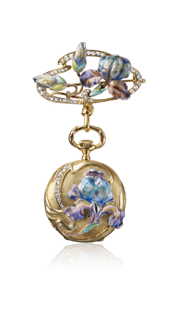 Đồng hồ bỏ túi vàng trang trí hoa iris và kim cương lấp lánh tinh xảo