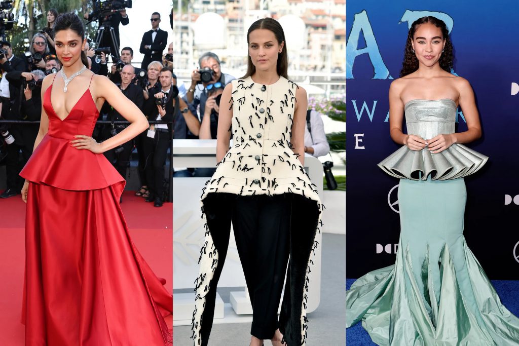 Ba người mẫu diện váy peplum trên thảm đỏ sự kiện