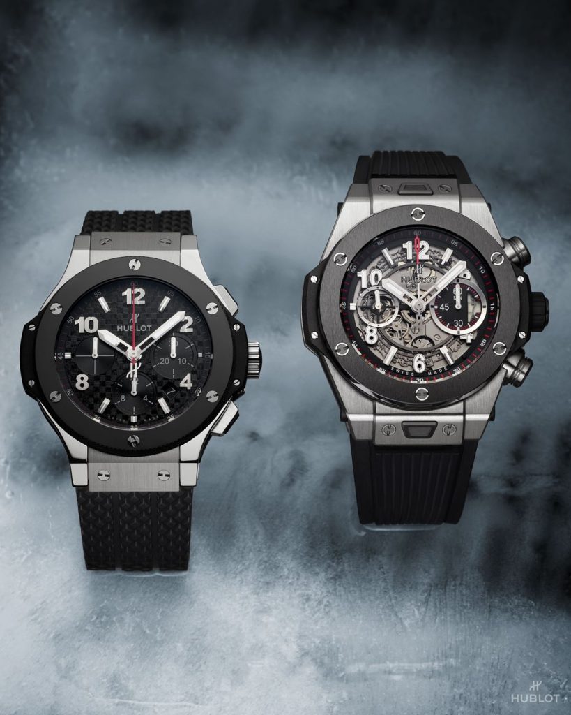 Hai chiếc đồng hồ Hublot sang trọng trên nền xám nhạt tinh tế