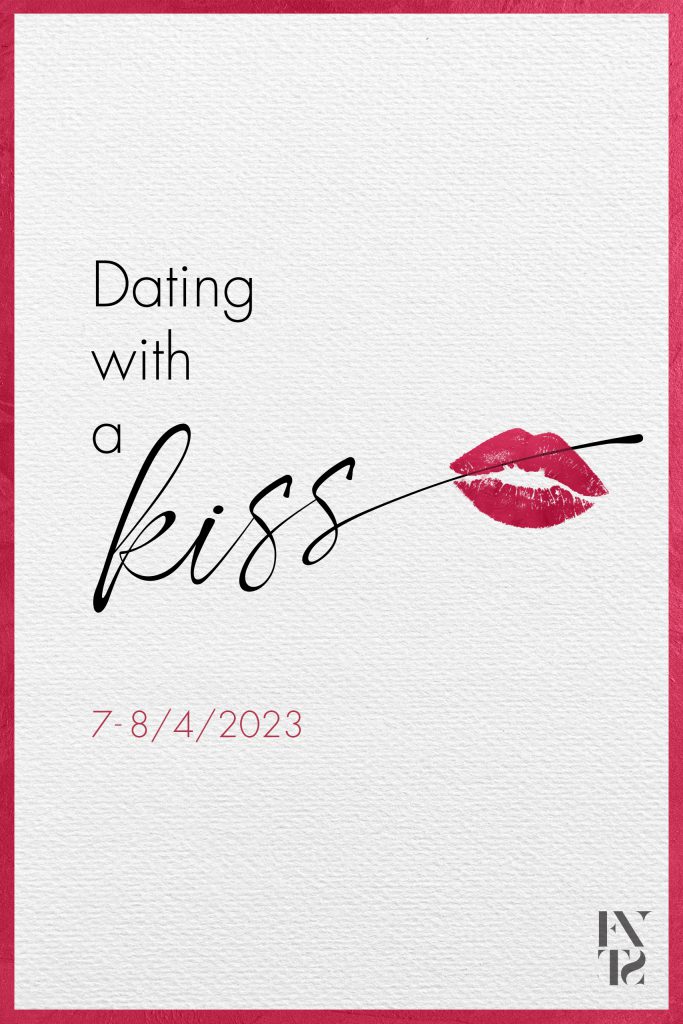 Thiết kế poster với hình môi đỏ và dòng chữ "kiss" cách điệu thông báo sự kiện từ 7 đến 8 tháng 4 năm 2023