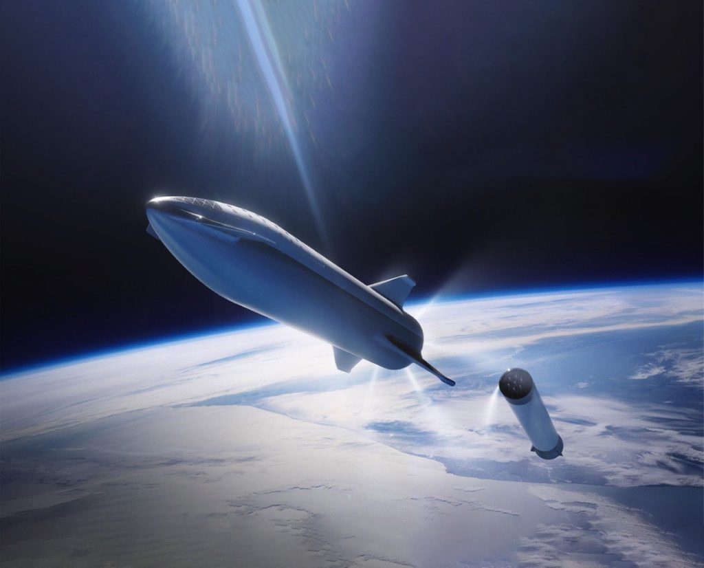 A sleek spacecraft flies above Earth releasing a booster rocket