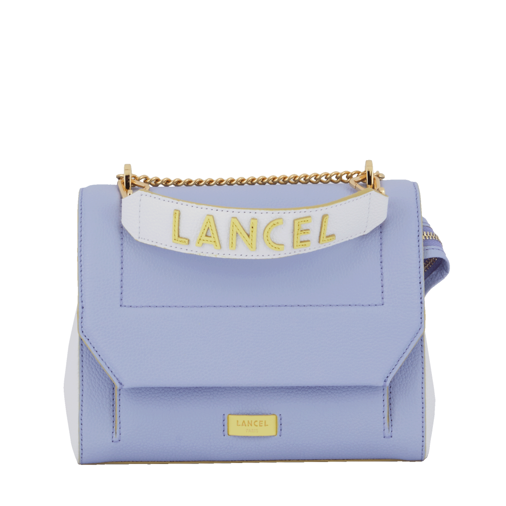 Túi xách màu tím nhạt Lancel với dây xích vàng và logo nổi bật
