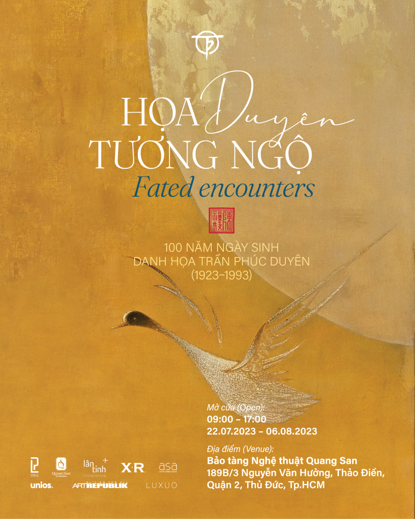 Tranh phong cảnh tĩnh vật với tông màu vàng nghệ chủ đạo và dòng chữ giới thiệu triển lãm tranh của họa sĩ Trần Phúc Duyên