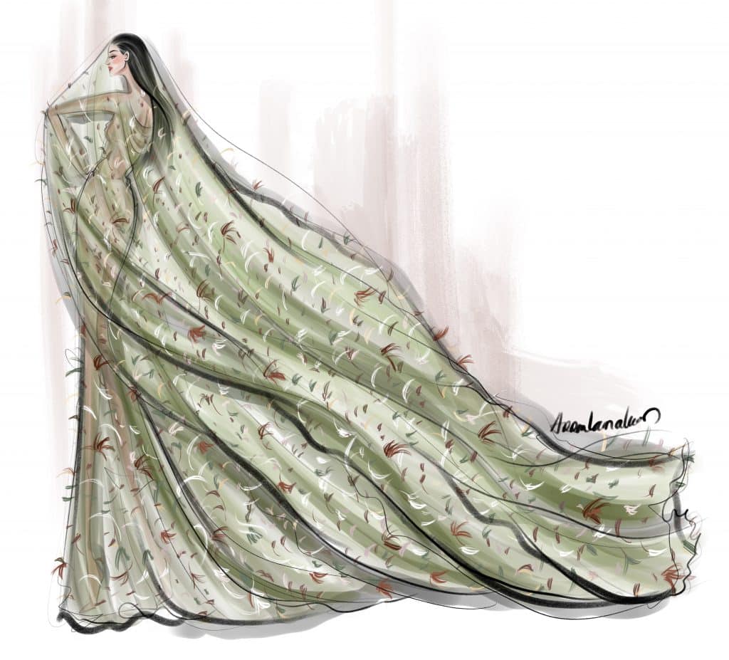 Cô dâu mặc váy cưới màu xanh lá cây với họa tiết lá cây cầu kỳ tinh xảo