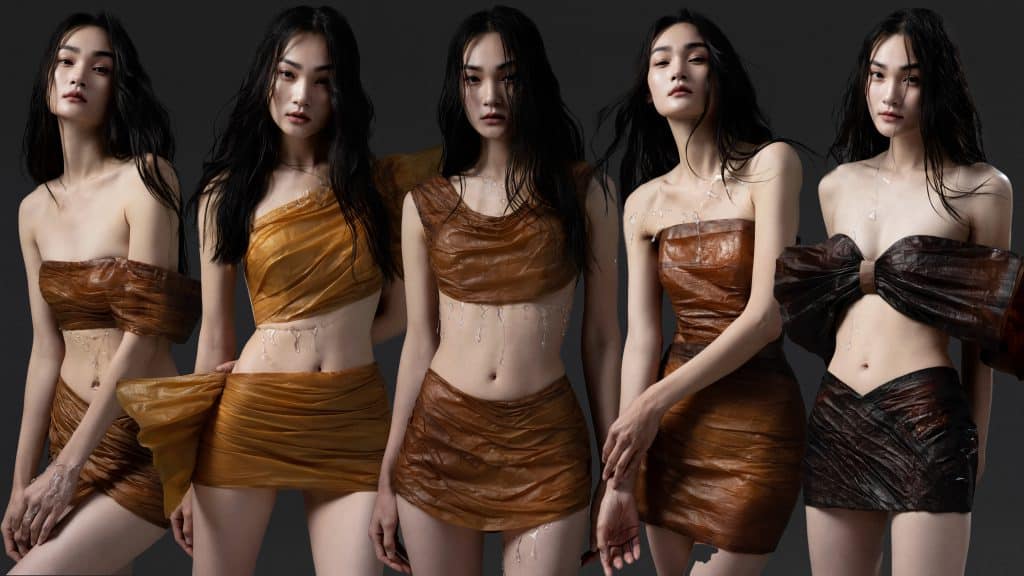 Năm người mẫu trình diễn trang phục làm từ vật liệu mỏng màu nâu trên nền đen
