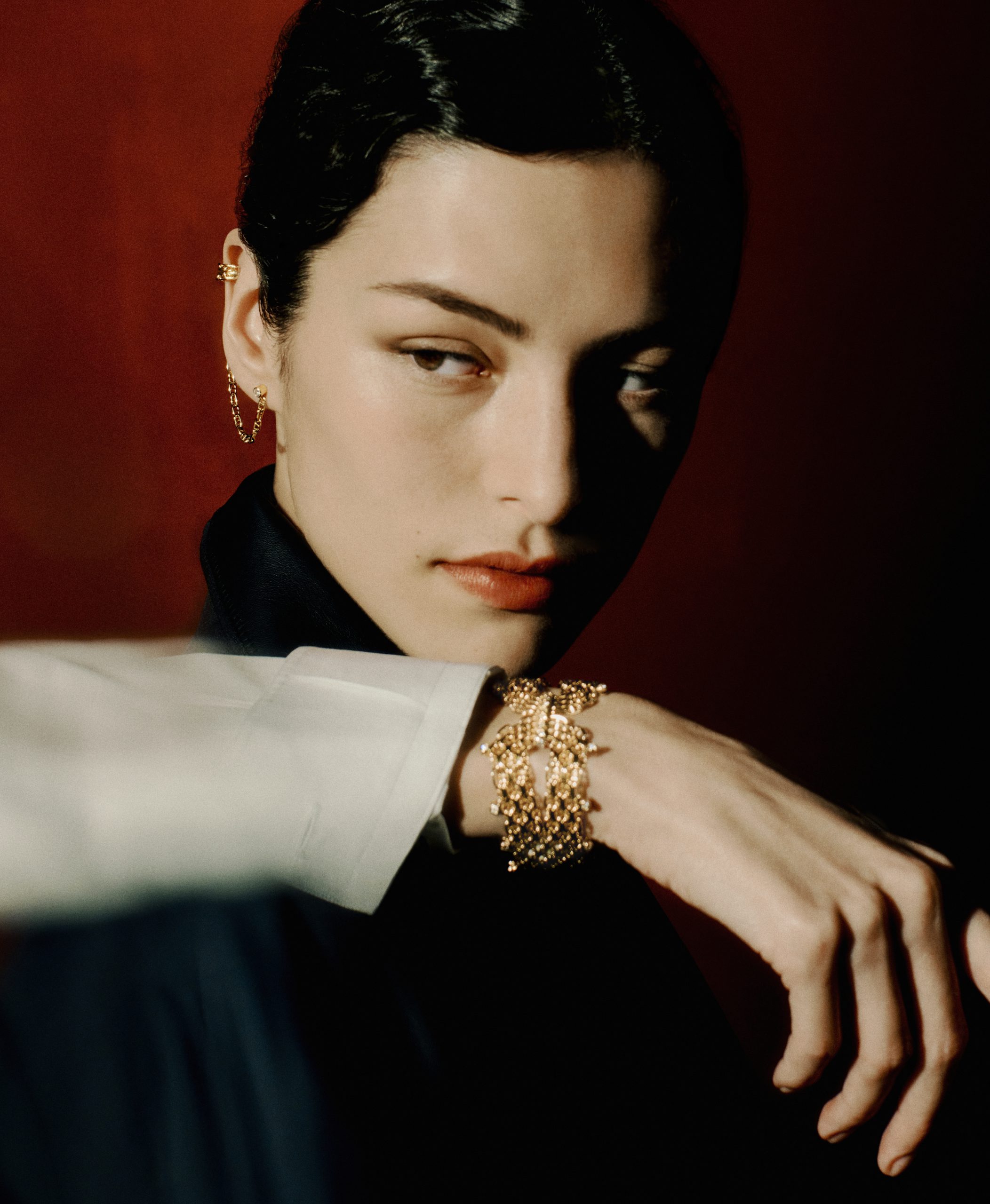 Chaine dancre Calypso bracelet and single earring in yellow gold and diamonds ©Jack Davison