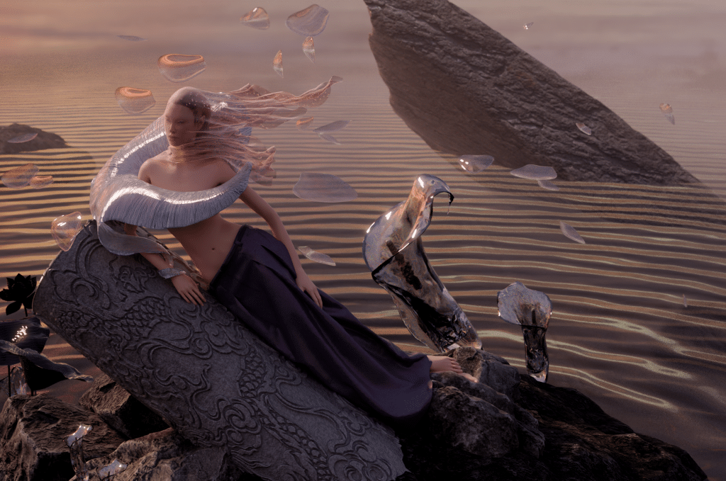 A person sits near water surrounded by flowing metallic shapes and rock formations