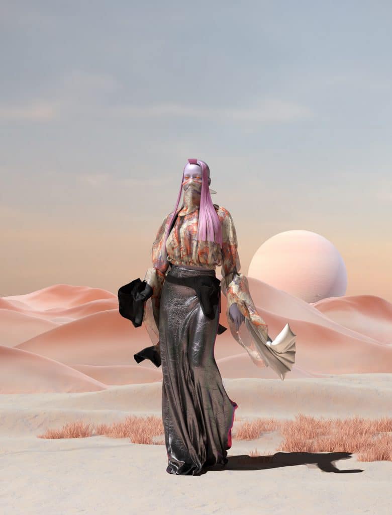 Người mẫu mặc trang phục kỳ lạ đứng giữa sa mạc cát dưới ánh mặt trời