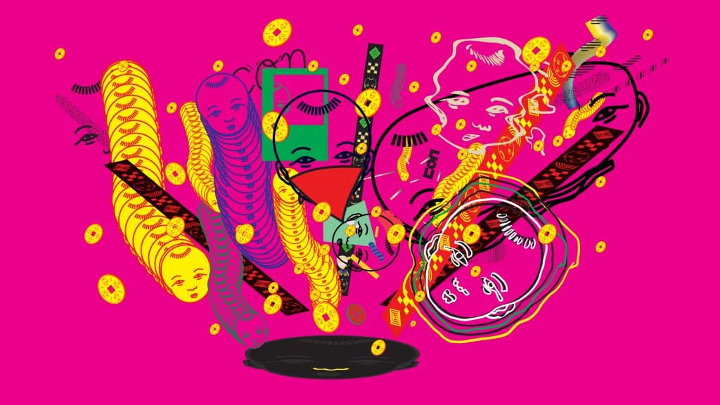 Faces and coins swirl in a vibrant pink digital illustration