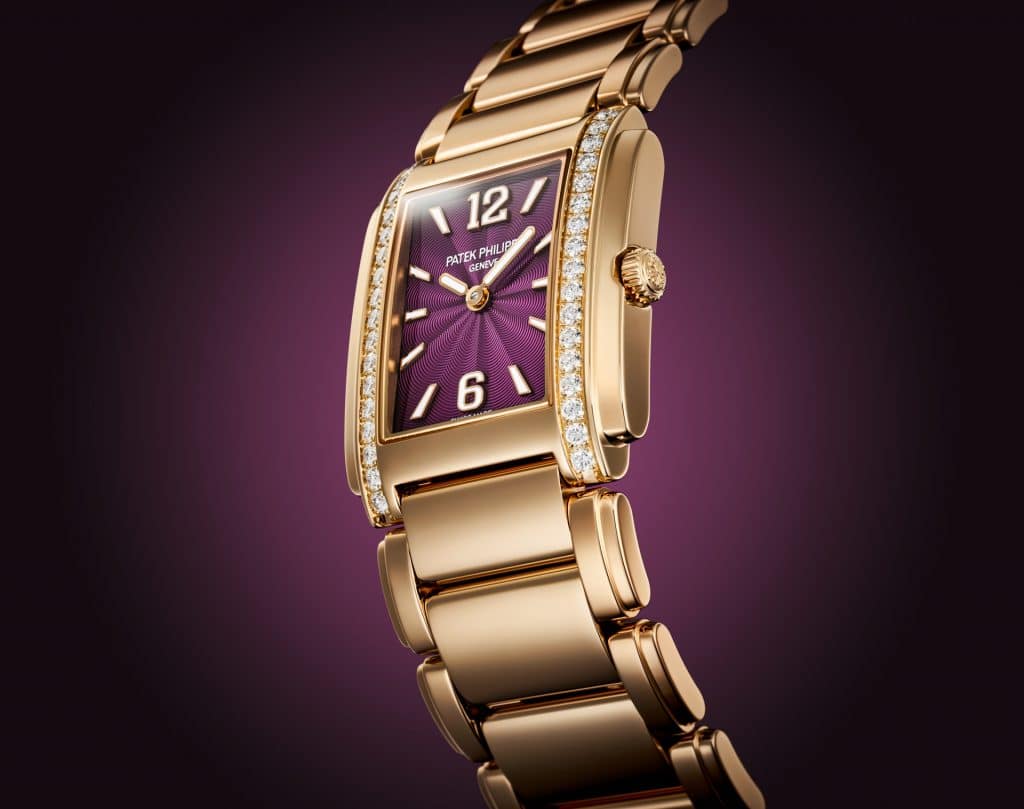 Đồng hồ Patek Philippe mặt tím hình chữ nhật mạ vàng hồng sang trọng