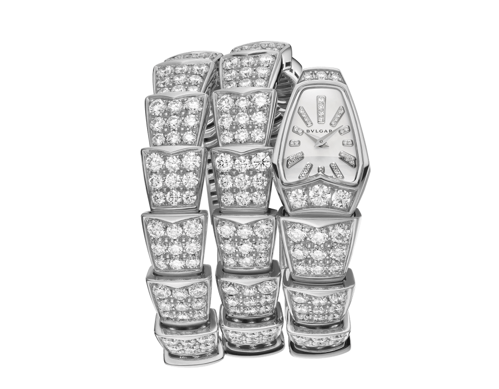 Đồng hồ Serpenti nạm kim cương trắng lấp lánh với thiết kế mắt xích độc đáo của BVLGARI