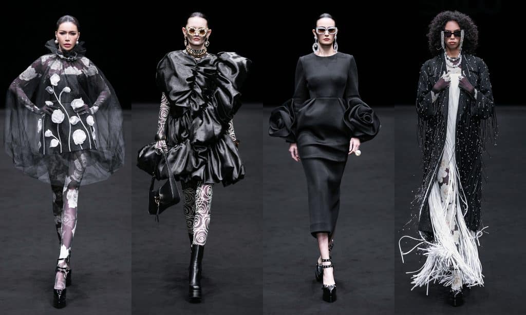 Bốn người mẫu trình diễn trang phục đen trắng nổi bật trong bộ sưu tập thời trang mới