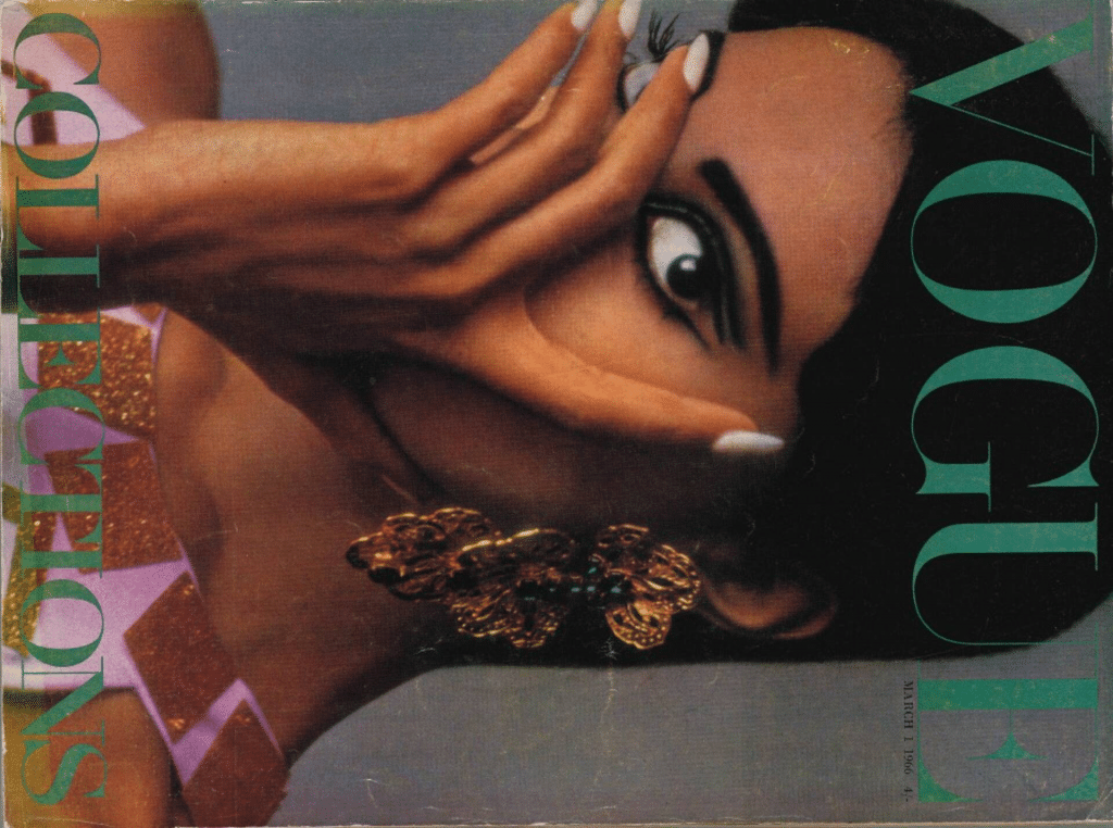 A vintage Vogue cover shows Donyale Luna looking upwards with dramatic makeup and a butterfly