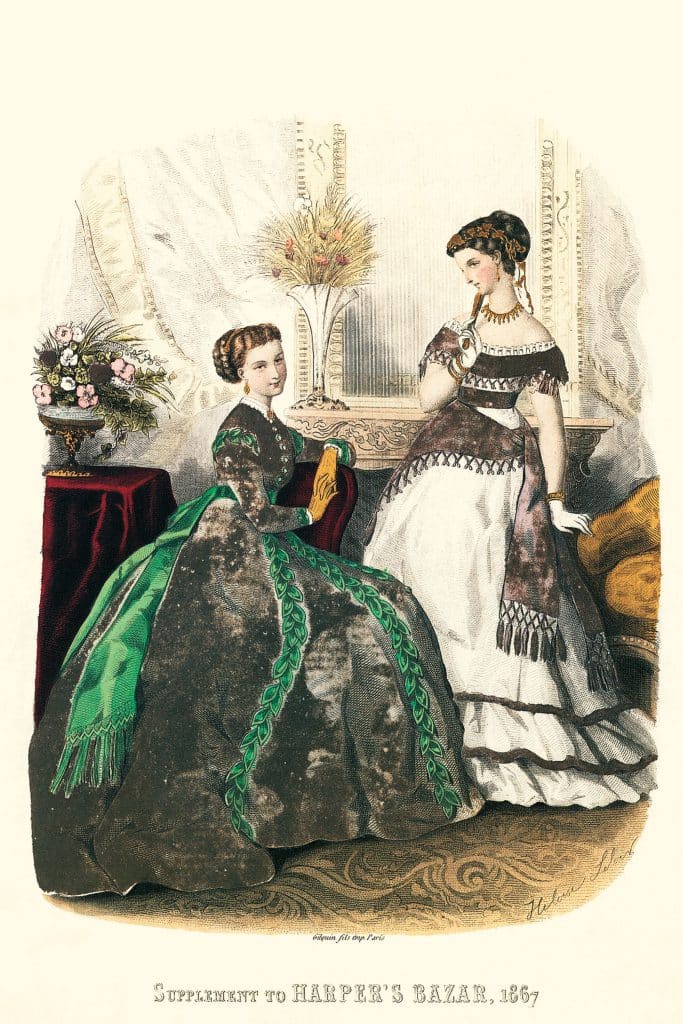 Hai phụ nữ mặc váy thời trang năm 1867 tạo dáng trong một bức tranh minh họa cổ điển