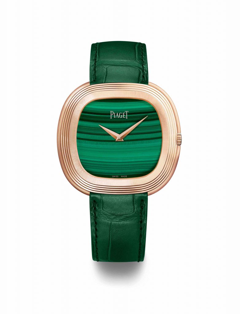 Đồng hồ Piaget mặt xanh ngọc bích hình chữ nhật với vỏ vàng hồng và dây da xanh đậm