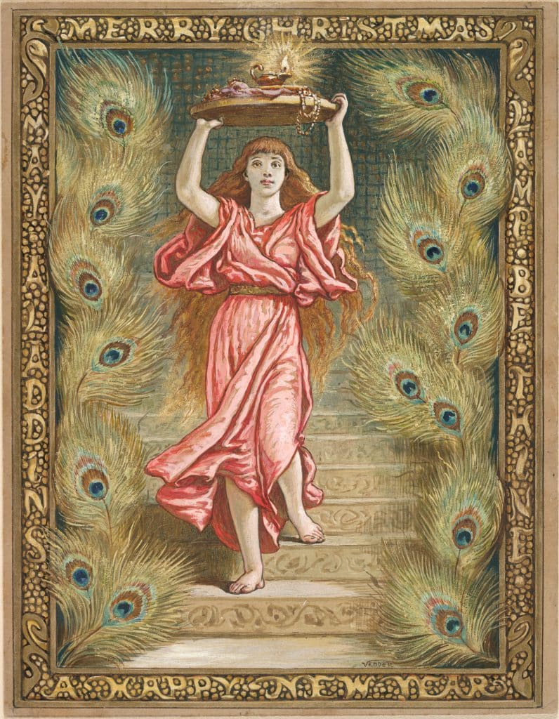 A young woman in a pink dress carries a tray up stone steps amid peacock feathers