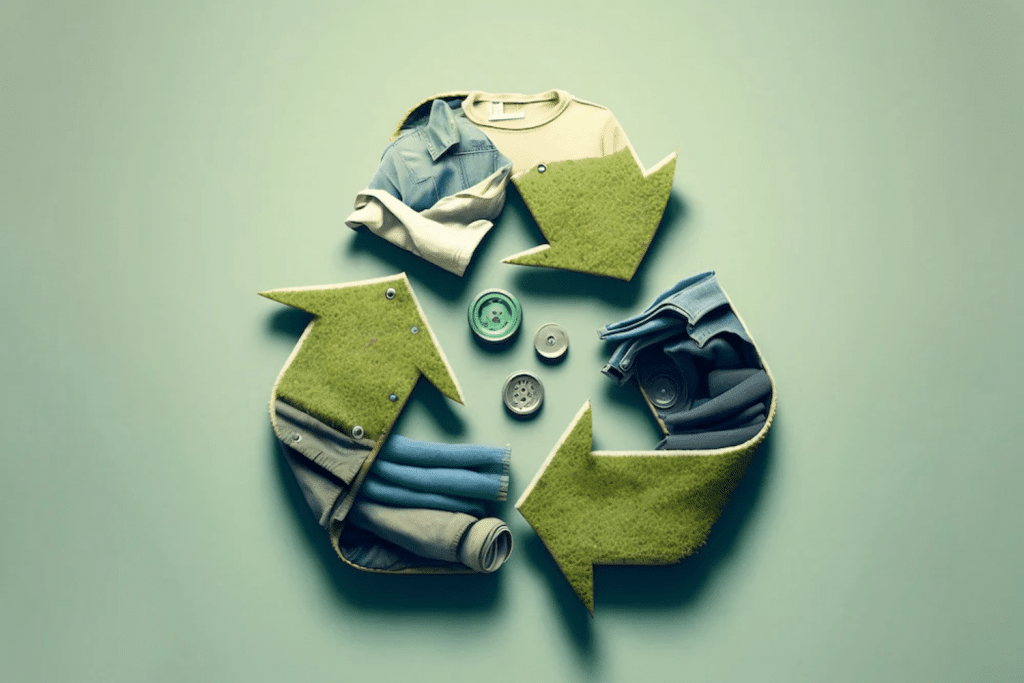 Biểu tượng tái chế được tạo thành từ quần áo và phụ kiện thời trang thể hiện tính bền vững