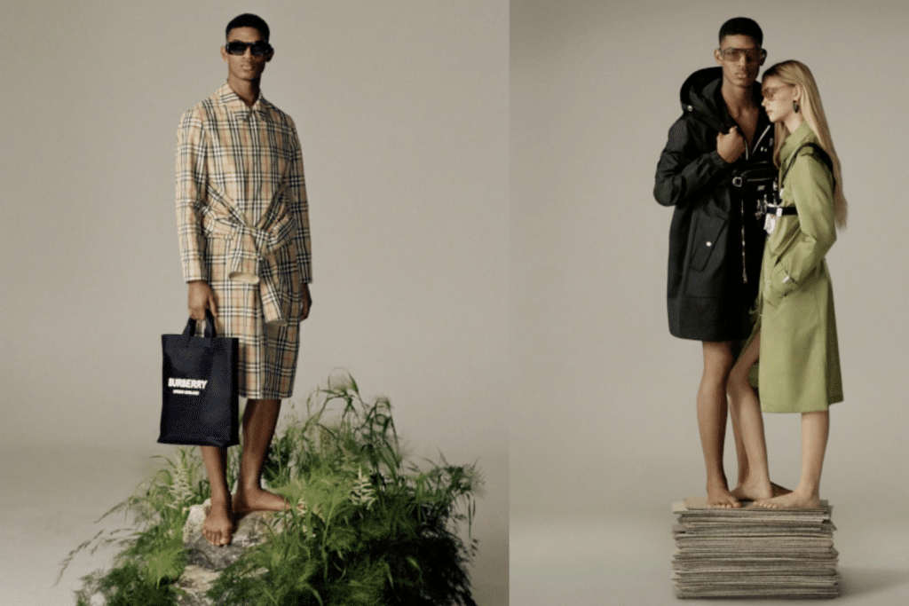 Người mẫu nam và nữ diện trang phục thời trang Burberry trên nền trắng và giữa cây xanh