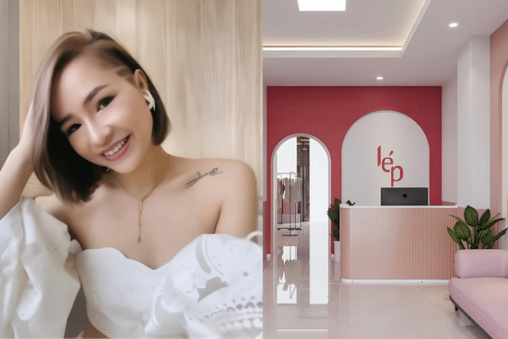 Cô gái xinh đẹp mặc váy trắng và không gian cửa hàng thời trang màu hồng nổi bật