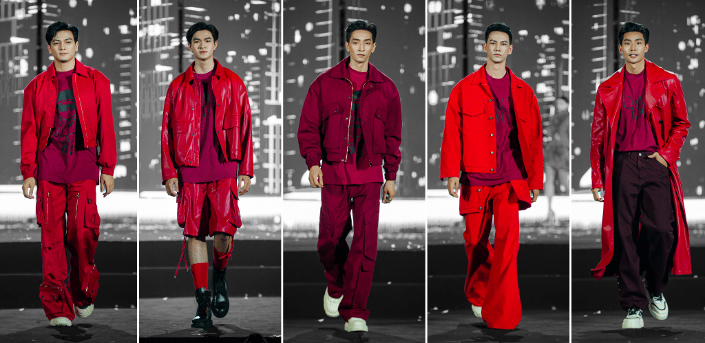 Năm mẫu nam trình diễn trang phục màu đỏ đậm trong bộ sưu tập Giáng sinh của Đỗ Mạnh Cường