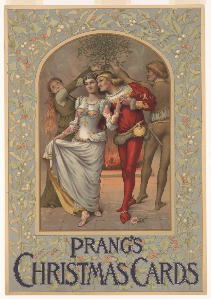 People stand under mistletoe in a decorative Victorian Christmas card design