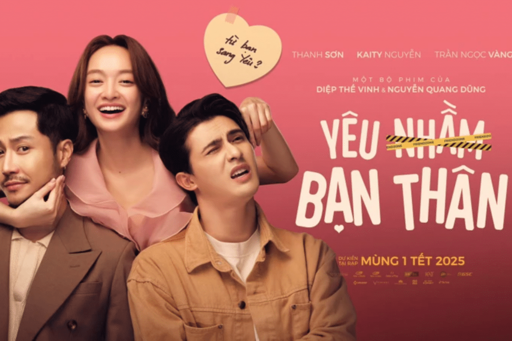 Hai diễn viên tươi tắn nhìn nhau trong poster phim "Yêu nhầm bạn thân" đầy màu hồng