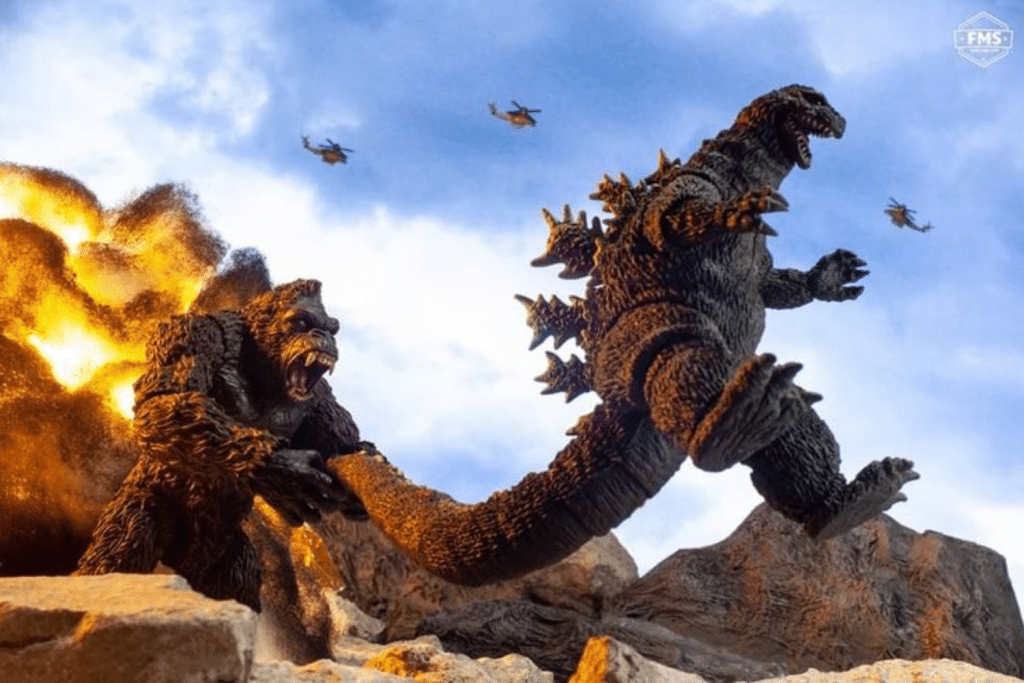 Godzilla và King Kong đối đầu dữ dội giữa đống đổ nát với sự xuất hiện của máy bay trực thăng