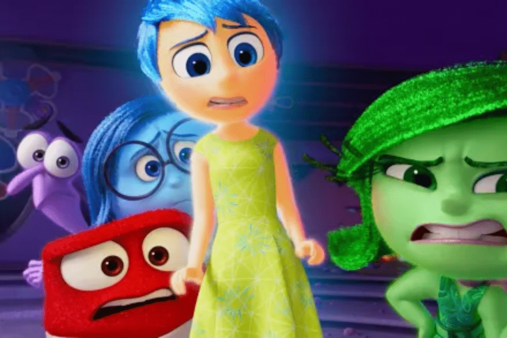 Các nhân vật cảm xúc từ phim Inside Out 2 thể hiện vẻ mặt lo lắng và ngạc nhiên