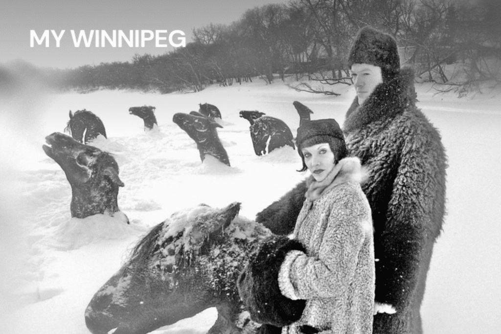 Cặp đôi mặc ấm giữa đồng tuyết trắng với nhiều bức tượng đầu nai xung quanh