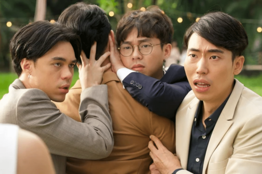 Ba chàng trai đang thể hiện biểu cảm hài hước trong khung cảnh ngoài trời