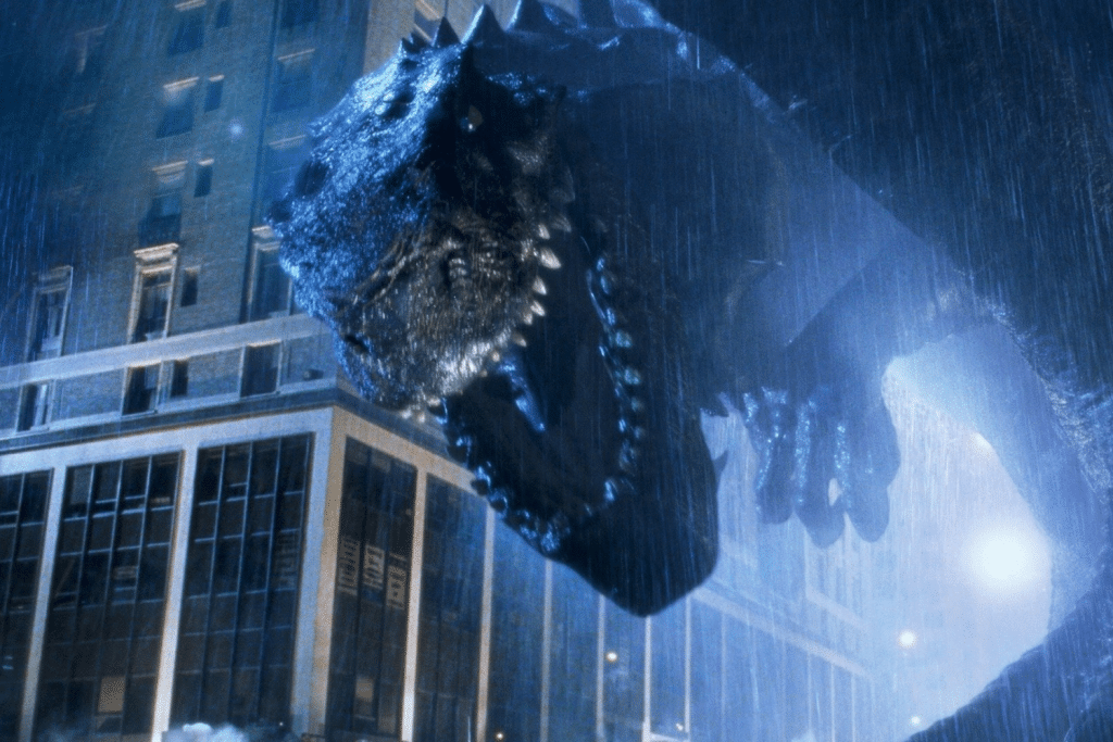 Godzilla tấn công một tòa nhà cao tầng giữa cơn mưa lớn trong phim