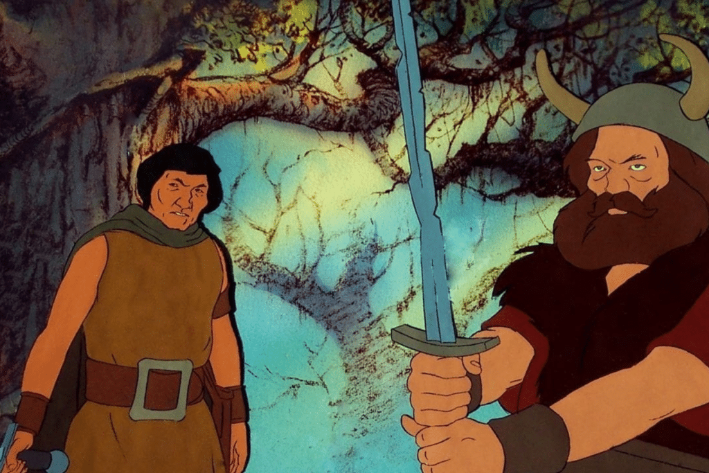 Hai nhân vật hoạt hình đối mặt nhau một người cầm kiếm trong rừng cây