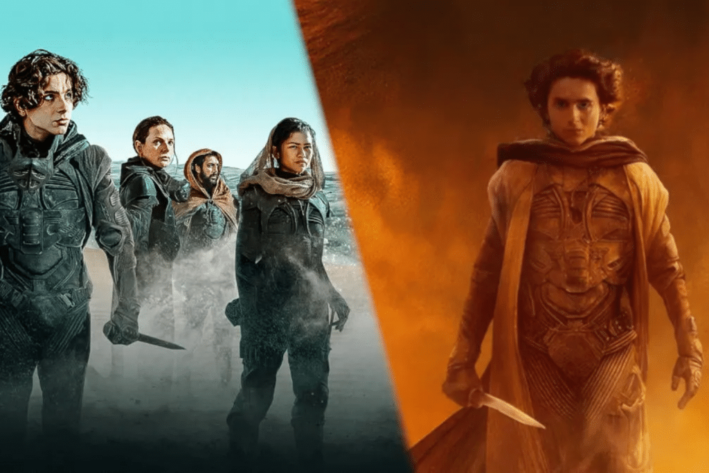 Các nhân vật trong phim Dune cầm vũ khí nhìn về phía trước trong khung cảnh sa mạc rộng lớn