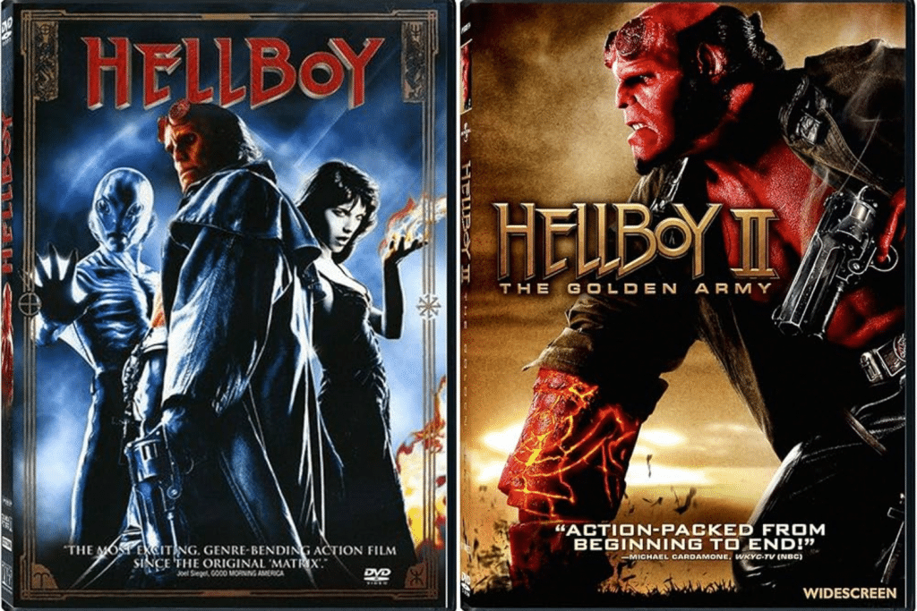 Bìa đĩa phim Hellboy và Hellboy II với hình ảnh các nhân vật chính nổi bật