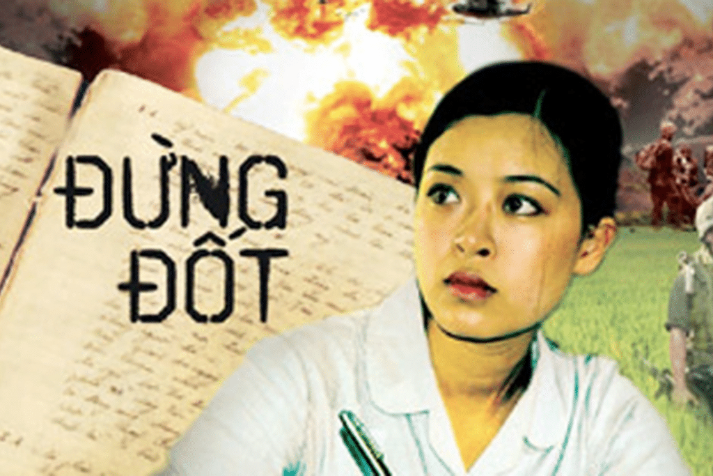 Chân dung nữ y tá giữa khung cảnh chiến tranh khốc liệt với dòng chữ "Đừng đốt"